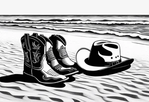 A pair of mens boots, a pair of womens flip flops and a cowboyhat on the Beach. Keep it simple tattoo idea