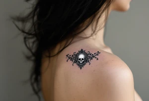 A Victorian-style framed mirror reflecting a skull in muted silver and black, with "memento mori" engraved along the edge. tattoo idea