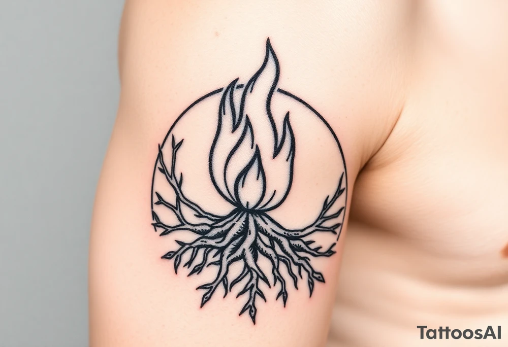 flame in a blooming roots circle tattoo idea