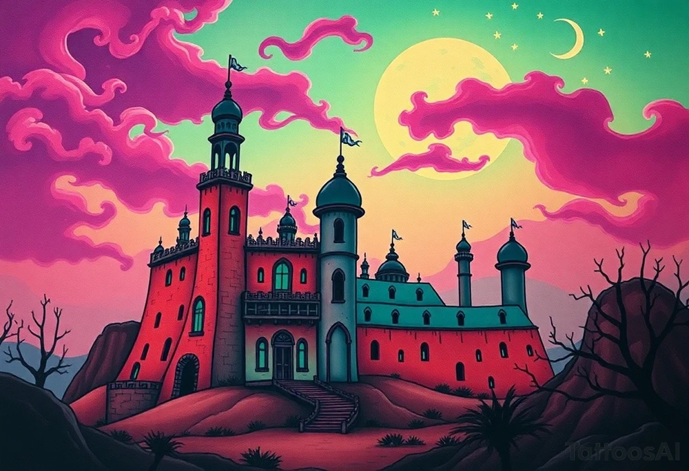 Tim Burton’s haunted Arabian castle is abandoned and dripping with muted reds, dusty pinks, and eerie green glow.purple and cyan smokey clouds swirl in the crescent moonlit sky thats sprinkled with stars tattoo idea tattoo idea