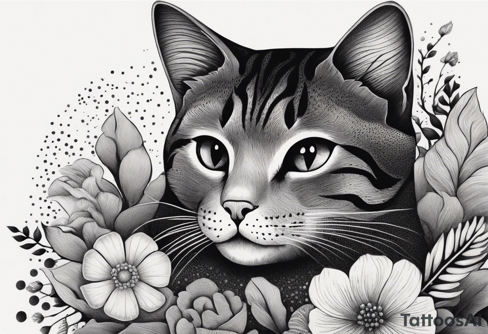 Illustrate a small tattoo of a tabby cat curled up, surrounded by gentle swirls or floral elements to enhance its cozy vibe tattoo idea