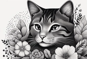 Illustrate a small tattoo of a tabby cat curled up, surrounded by gentle swirls or floral elements to enhance its cozy vibe tattoo idea