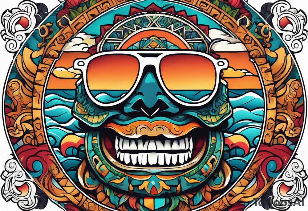 Colorful Mayan hieroglyph wearing sunglasses with ocean waves and bats tattoo idea