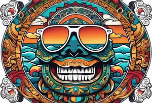 Colorful Mayan hieroglyph wearing sunglasses with ocean waves and bats tattoo idea