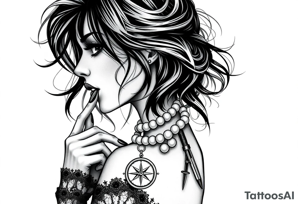 Profile of sexy woman with messy hair
, hand on chin, mouth open , lace, lipstick, pearls
compass and gun near by tattoo idea