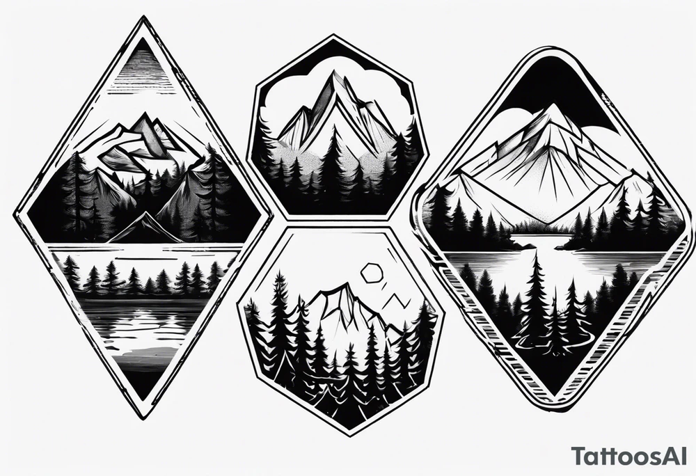 A hexagon with a mountain in the background, a coniferous forest in the foreground and a lake at the bottom tattoo idea