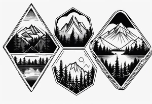 A hexagon with a mountain in the background, a coniferous forest in the foreground and a lake at the bottom tattoo idea