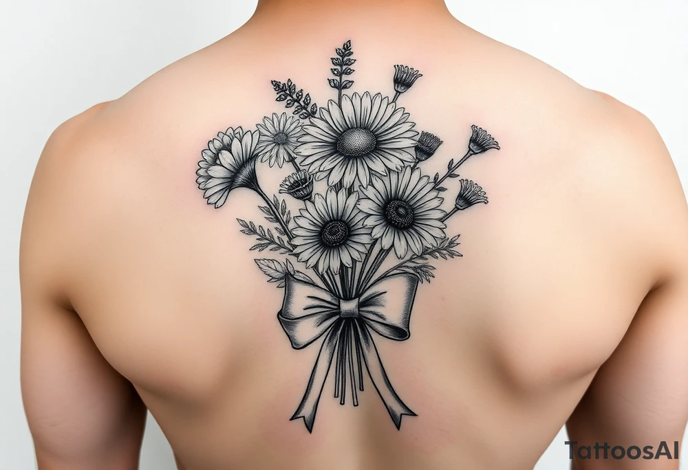 A small bouquet where the carnation, larkspur, daisy, and aster are gathered together at the stems and tied with a flowing ribbon bow tattoo idea