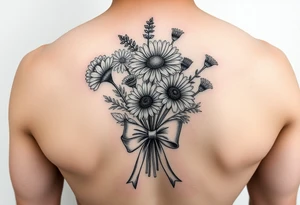 A small bouquet where the carnation, larkspur, daisy, and aster are gathered together at the stems and tied with a flowing ribbon bow tattoo idea