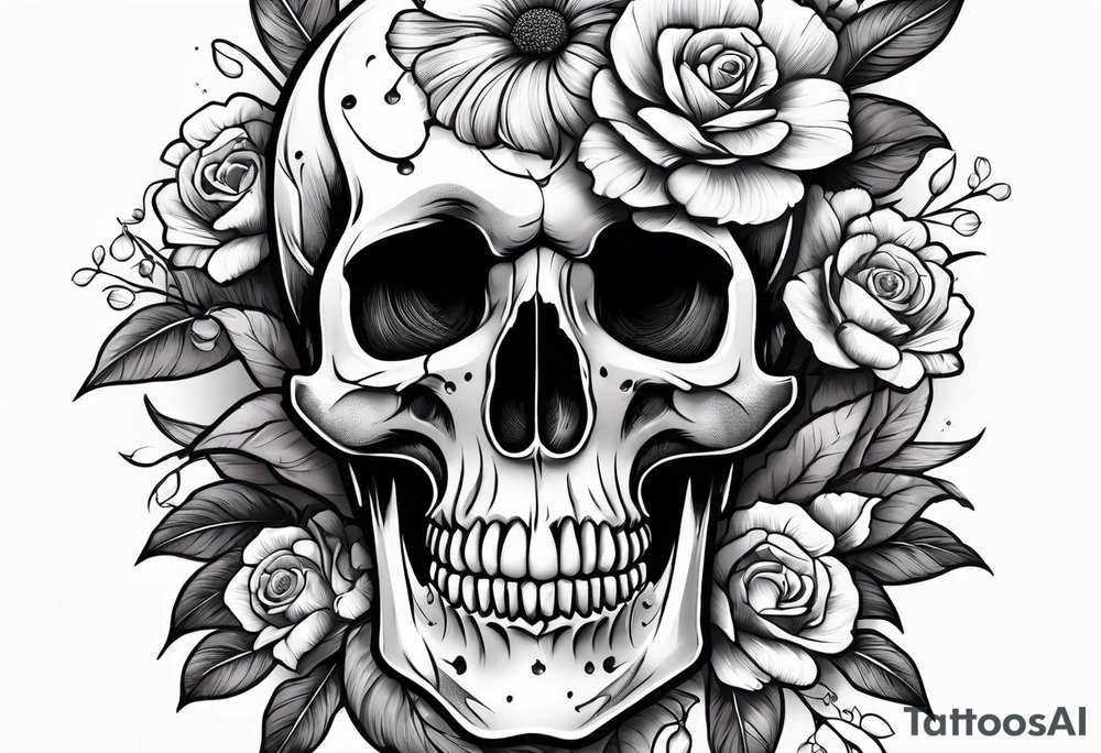 skull with flowers growing on it tattoo idea