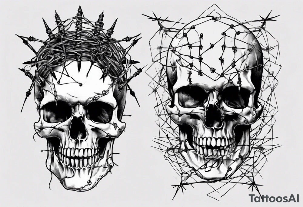 Skull covered in barbed wired tattoo idea
