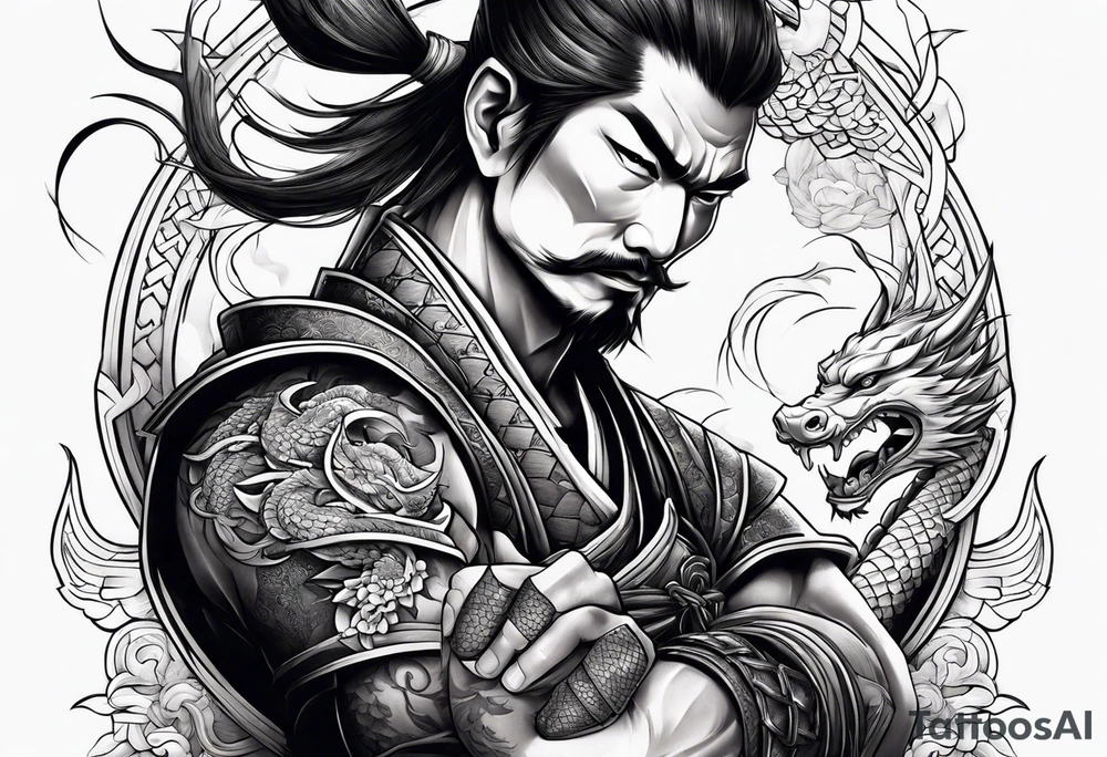 Samurai with 2 dragons on arm tattoo idea
