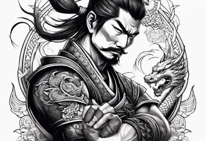 Samurai with 2 dragons on arm tattoo idea
