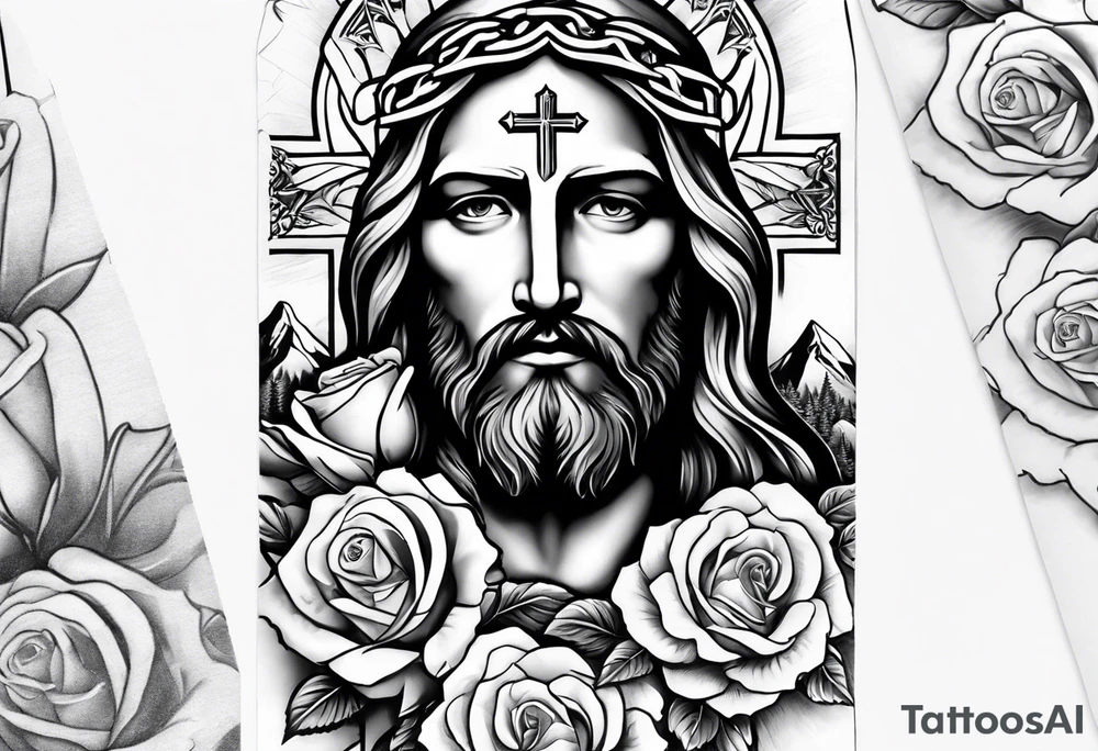 make a forearm sleeve that portraits Jesus Christ cross and mountains with roses tattoo idea