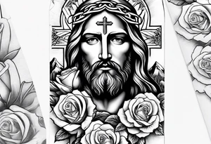 make a forearm sleeve that portraits Jesus Christ cross and mountains with roses tattoo idea