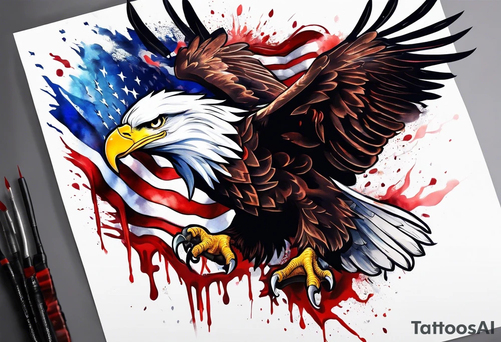 Blood covered Eagle and burning USA  flag tattoo idea