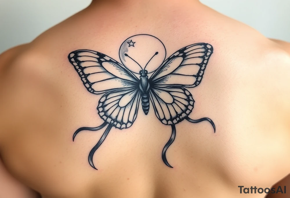 ethereal butterfly with flowing silk ribbons in moonlight tattoo idea