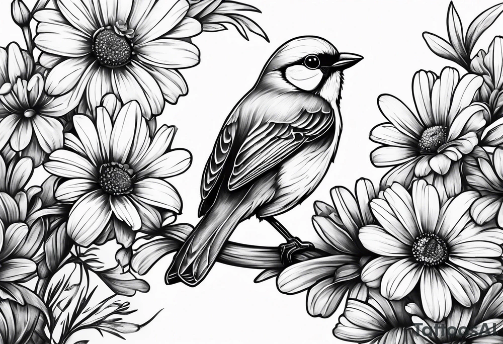 Little bird perched in daisy field tattoo idea