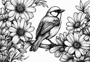 Little bird perched in daisy field tattoo idea