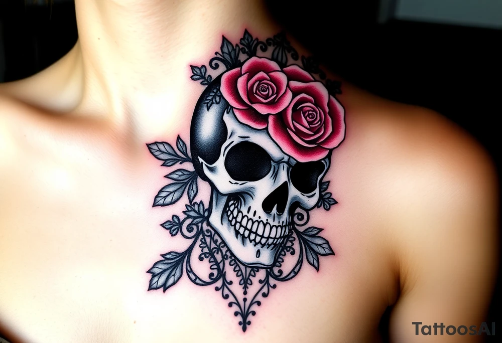 Bold vibrant gothic skull but also elegant and majestic wearing a rose crown also lace underneath tattoo idea