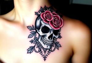 Bold vibrant gothic skull but also elegant and majestic wearing a rose crown also lace underneath tattoo idea