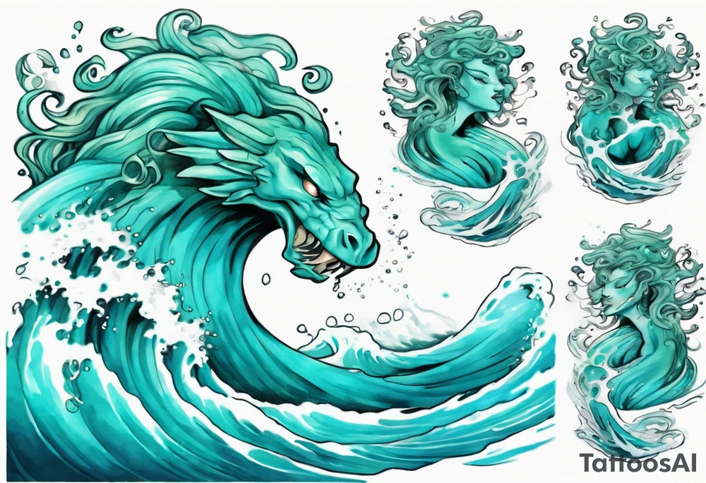 a beautiful chubby turquoise gorgon emerging from an ocean wave, crashing onto the shore tattoo idea