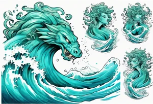 a beautiful chubby turquoise gorgon emerging from an ocean wave, crashing onto the shore tattoo idea