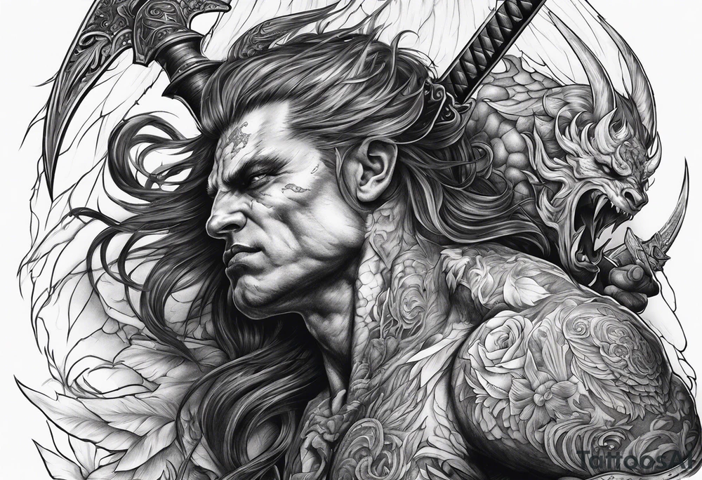 Demon being stabbed in the back by angel tattoo idea