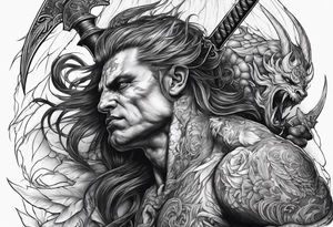 Demon being stabbed in the back by angel tattoo idea