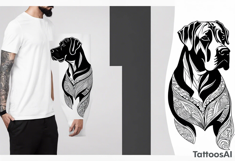 Arm sleeve for man- with floppy ear Great Dane standing fiercely chest up with full work tattoo idea