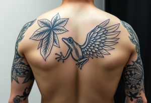 Full Sleeve tattoo including details of jungle leaves, Taino frog , Puerto Rican tribal patterns, angel wing tattoo idea