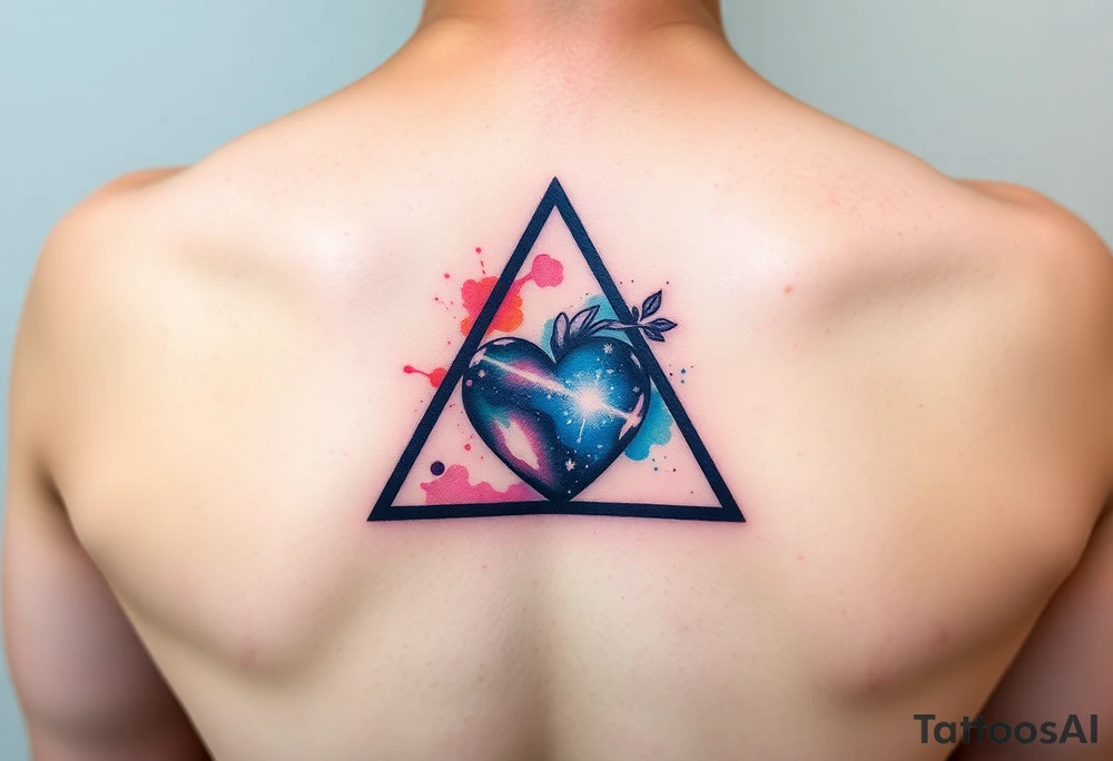 A single triangle with a heart in the center and  
galaxy inside the triangle tattoo idea