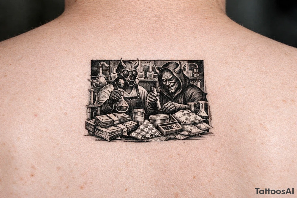 Meth lab with demons and money tattoo idea