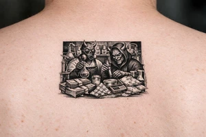 Meth lab with demons and money tattoo idea