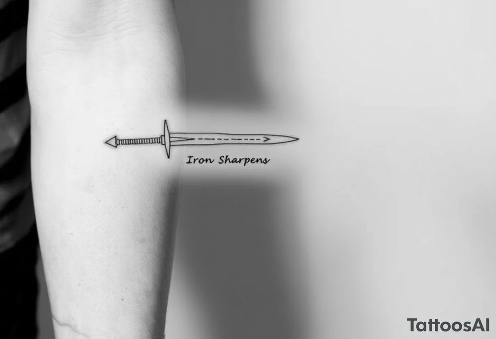 Modern tattoo sketch of a sword made with geometric lines and triangles. “Iron Sharpens Iron” written vertically down the blade. Clean black outlines, abstract forearm tattoo. tattoo idea