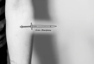 Modern tattoo sketch of a sword made with geometric lines and triangles. “Iron Sharpens Iron” written vertically down the blade. Clean black outlines, abstract forearm tattoo. tattoo idea