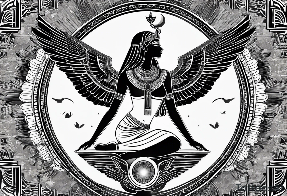 black and white Egyptian goddess Isis, who is often depicted as a woman with outstretched wings, holding an ankh (a symbol of life) in one hand and a lotus flower in the other. Her headdress often includes a throne or a solar disk. The tattoo design can vary in style and size, but it typically aims to capture the essence of this revered Egyptian deity, emphasizing her beauty, power, and maternal qualities. The choice of colors and additional elements can also be customized to create a unique and visually striking representation of the goddess Isis tattoo idea