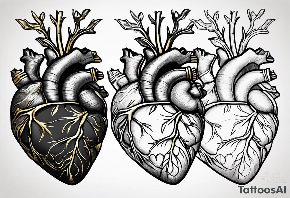 Realistic Anatomical heart with gold sealant lines tattoo idea