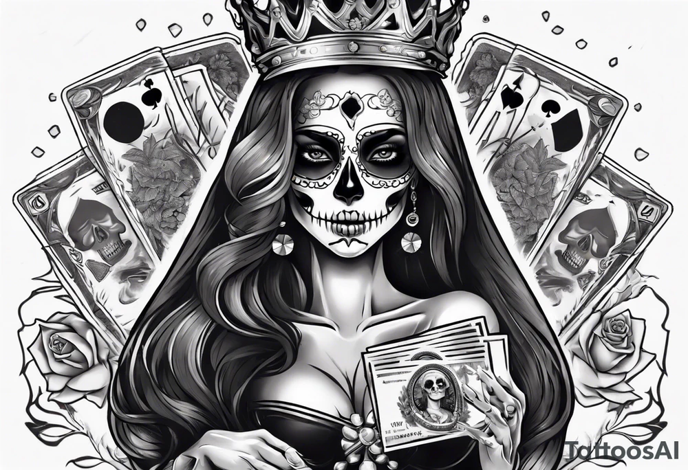 santa la muerta with money and crown
on the card tattoo idea