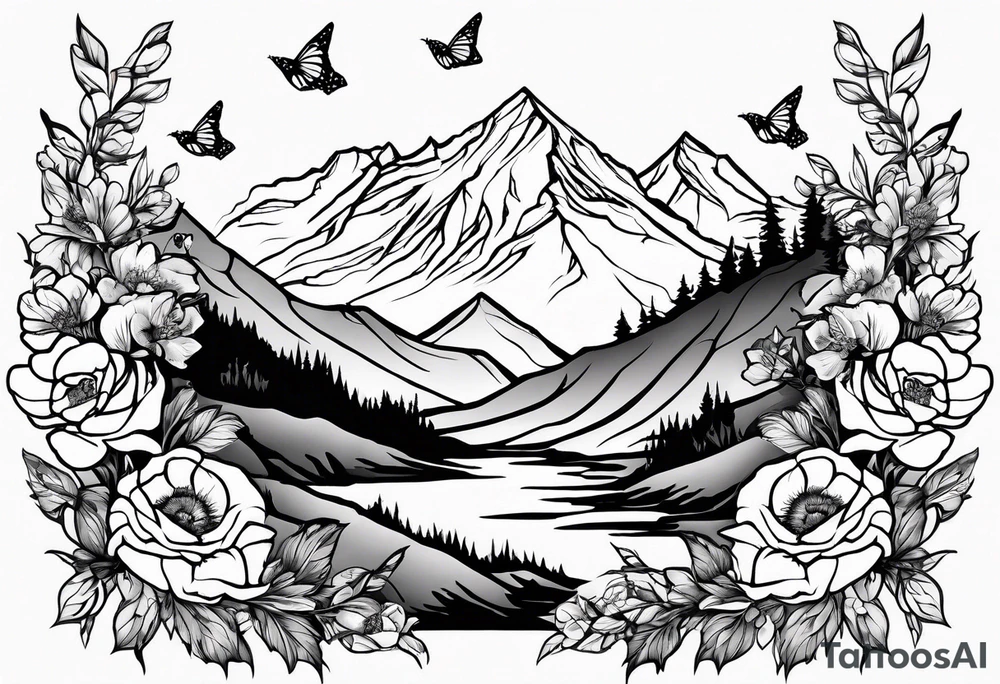 Rocky mountain peak with mountain blue birds and monarch butterflies with wild prairie roses for a half sleeve tattoo idea