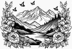 Rocky mountain peak with mountain blue birds and monarch butterflies with wild prairie roses for a half sleeve tattoo idea