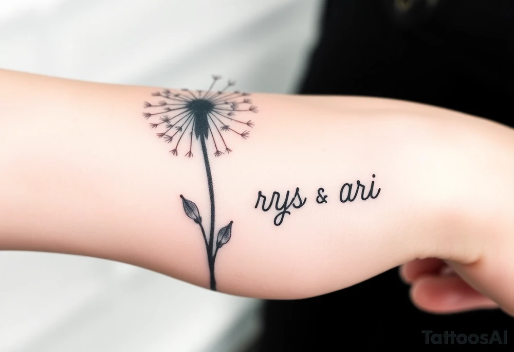 Smaller Realistic dandelion flowing to wind upward fashion with words (Rix, Rys & Ari) on stem in beautiful cursive tattoo idea