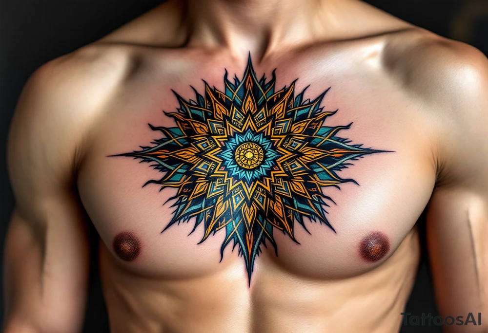 A vibrant Celtic sun tattoo in teal and gold symbolizes harmony and light at the center of the chest. tattoo idea