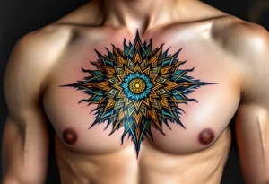 A vibrant Celtic sun tattoo in teal and gold symbolizes harmony and light at the center of the chest. tattoo idea