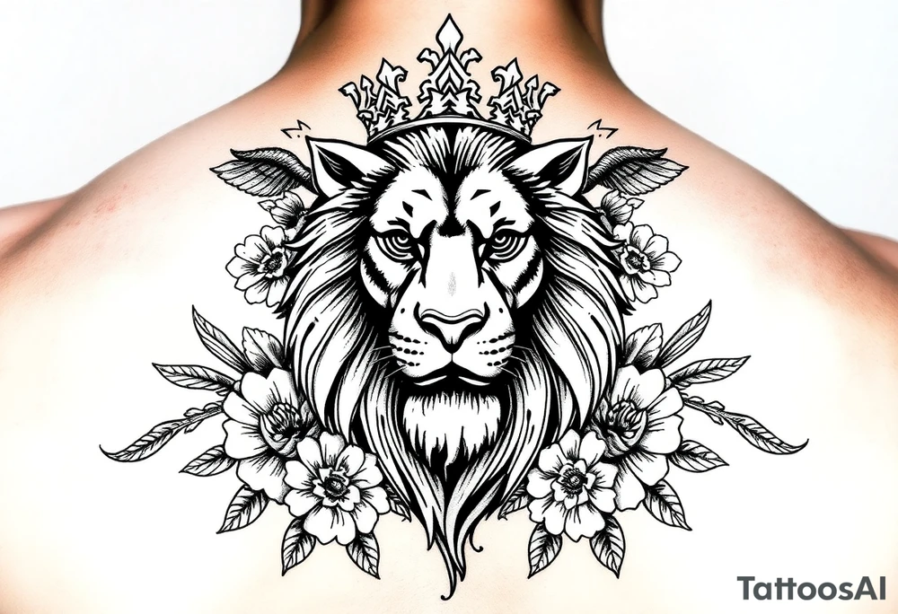 powerful majestic lion with a crown, surrounded by floral ornaments and birds tattoo idea