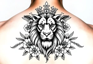 powerful majestic lion with a crown, surrounded by floral ornaments and birds tattoo idea