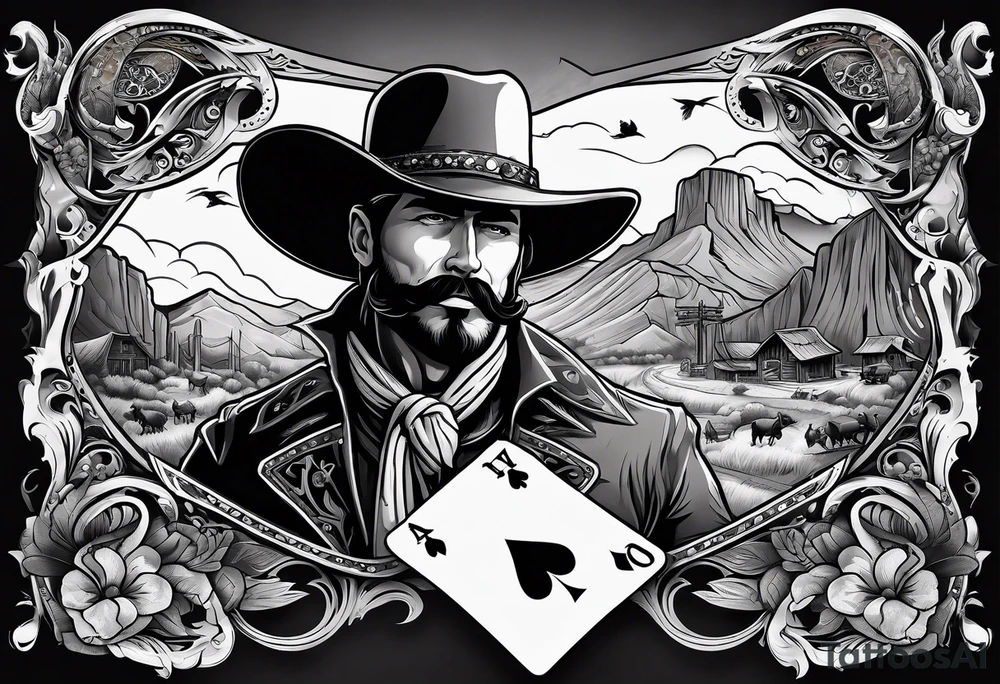 sleeve with a wild west vibe with elements of a cowboy, playing cards, and birds, with no people or faces tattoo idea