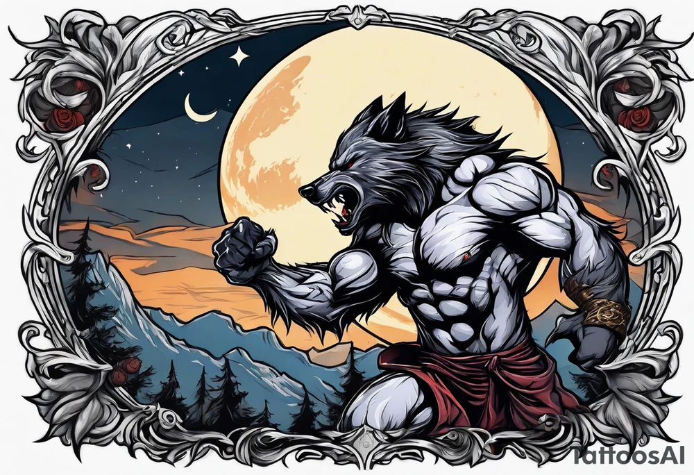 Muscular werewolf fighting a vampire under the moon tattoo idea
