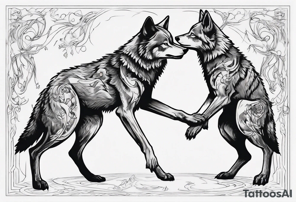 two wolves dancing on their hind legs. they should be facing each other and obviously dancing. they should be very basic with not many details within their shapes. tattoo idea