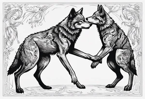 two wolves dancing on their hind legs. they should be facing each other and obviously dancing. they should be very basic with not many details within their shapes. tattoo idea